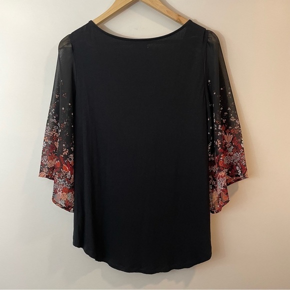 Maurices Sheer Floral Bell Sleeve Top Sz M Black Red Mixed Media Boho Shirt EUC - Picture 6 of 11
